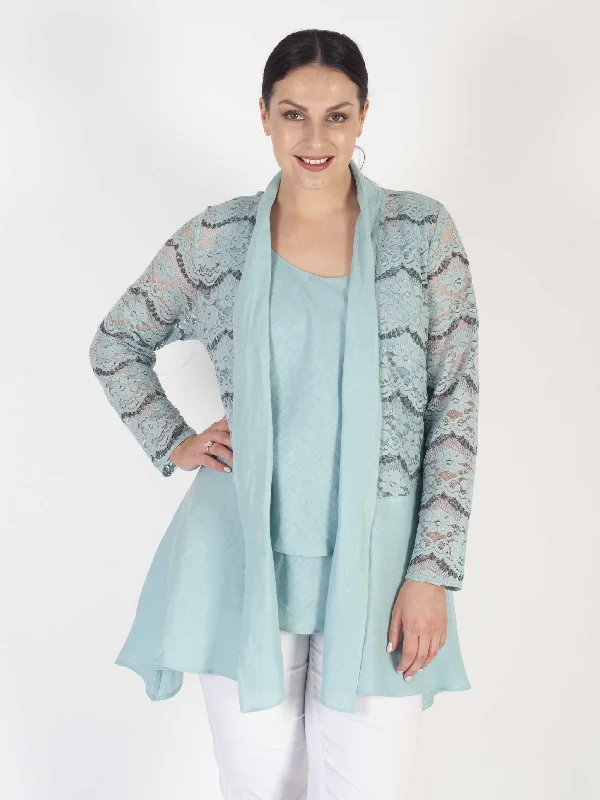 Aqua Scallop Lace Trim Linen Jacket