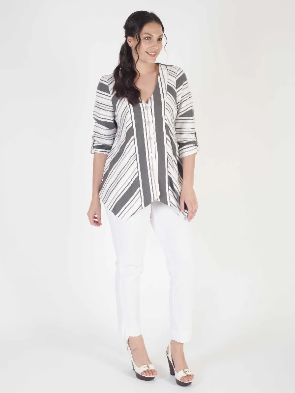 White/Grey Chevron Stripe Linen Mix Jacket With Tab Detail