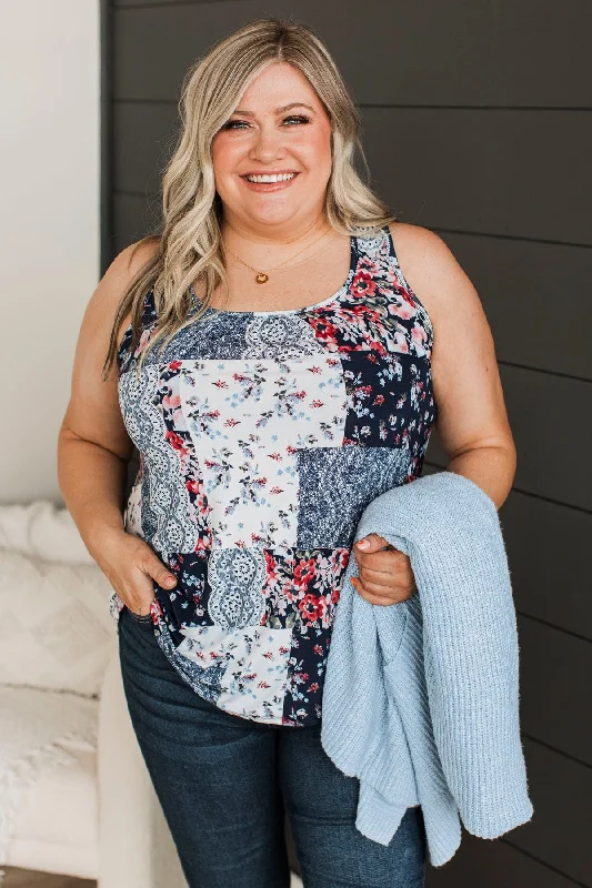 Eye-Catching Elegance Floral Tank Top- Navy & Ivory