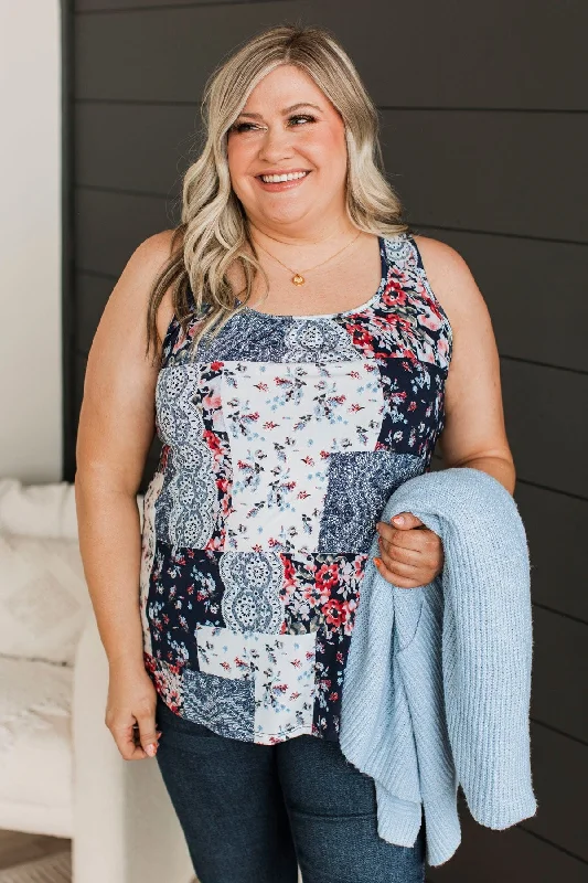 Eye-Catching Elegance Floral Tank Top- Navy & Ivory