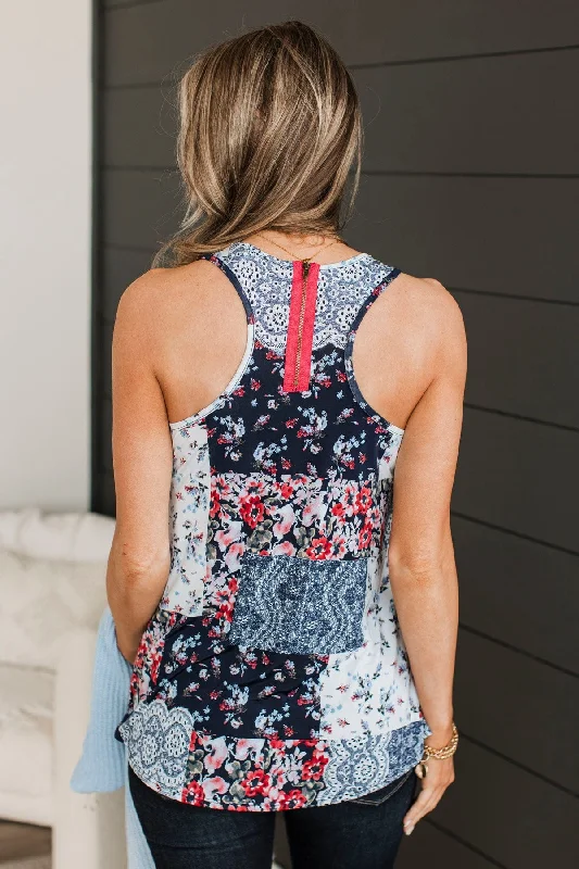 Eye-Catching Elegance Floral Tank Top- Navy & Ivory