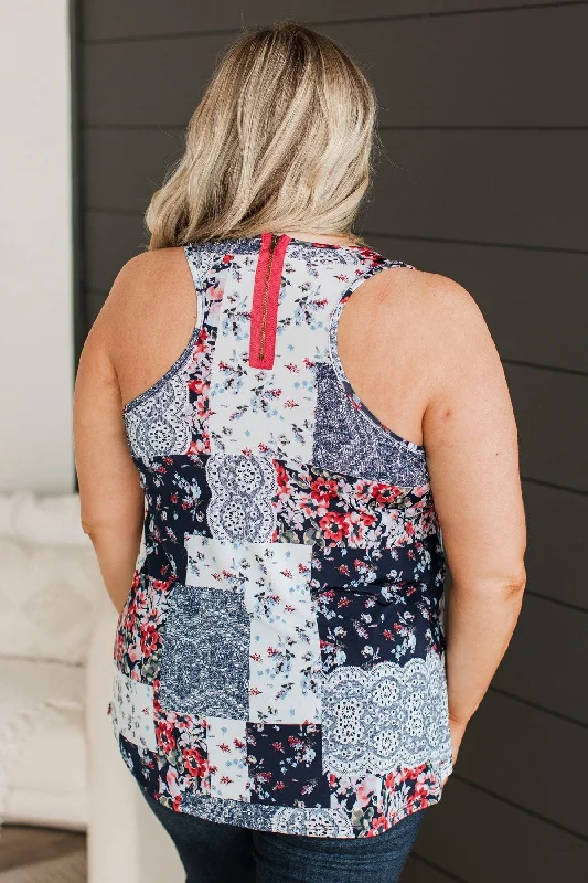 Eye-Catching Elegance Floral Tank Top- Navy & Ivory