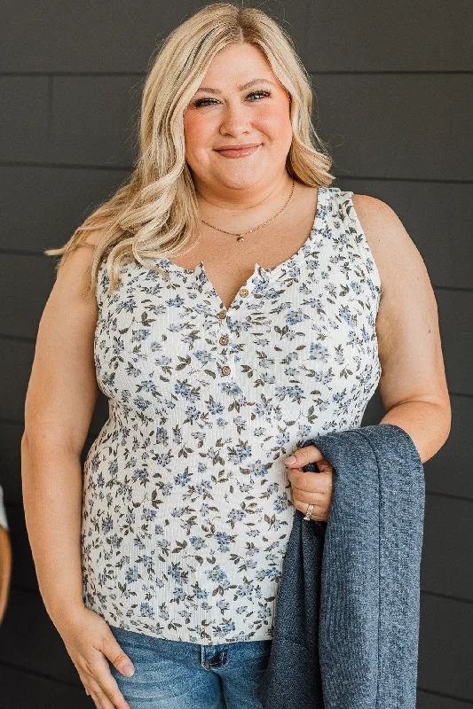 Love Out Loud Floral Tank Top- Ivory & Blue