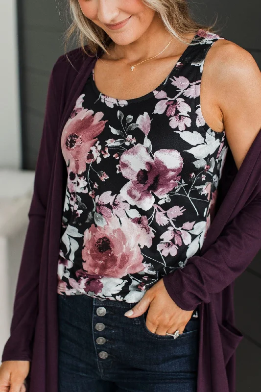 Offer Me The World Floral Tank Top- Black & Plum