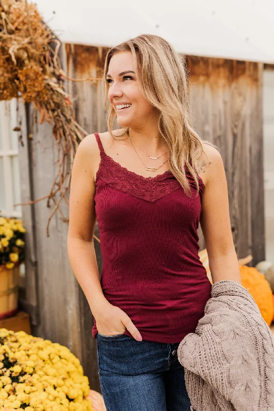 Pulse Basics Lace Trimmed Tank Top- Burgundy