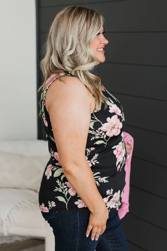 Soak Up The Love Floral Tank Top- Black & Pink