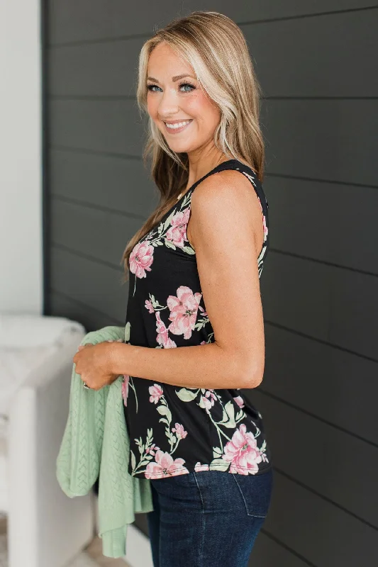 Soak Up The Love Floral Tank Top- Black & Pink