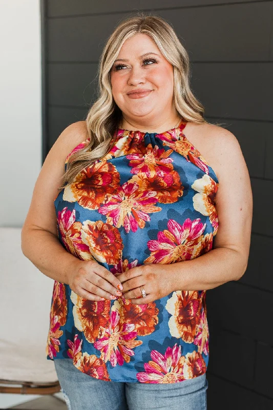 Soaring Above The Clouds Floral Tank Top- Navy