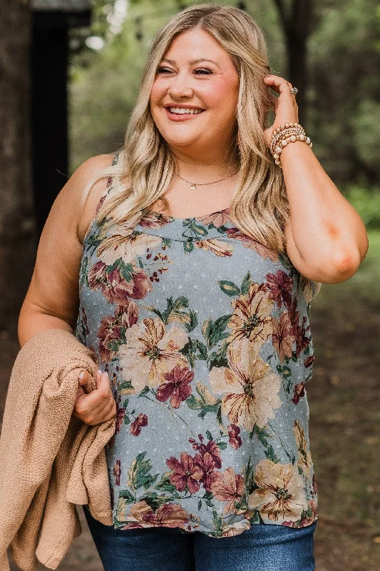 Up For Fun Floral Tank Top- Dusty Blue