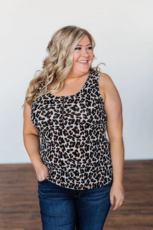 Zipper Henley Tank Top- Neutral Leopard