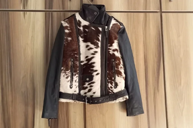 Cowhide And Leather Jacket Women | Brown Tri Colour Biker Jacket