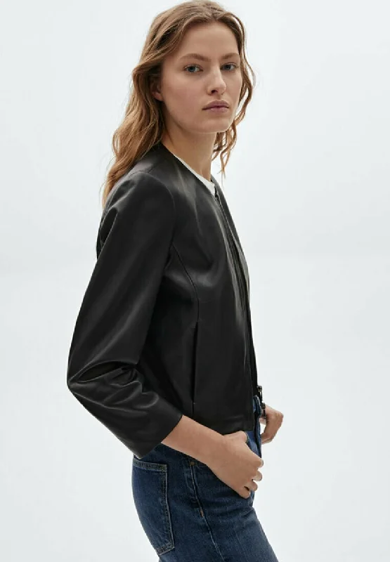 Women’s Black Leather Jacket Crew Neck