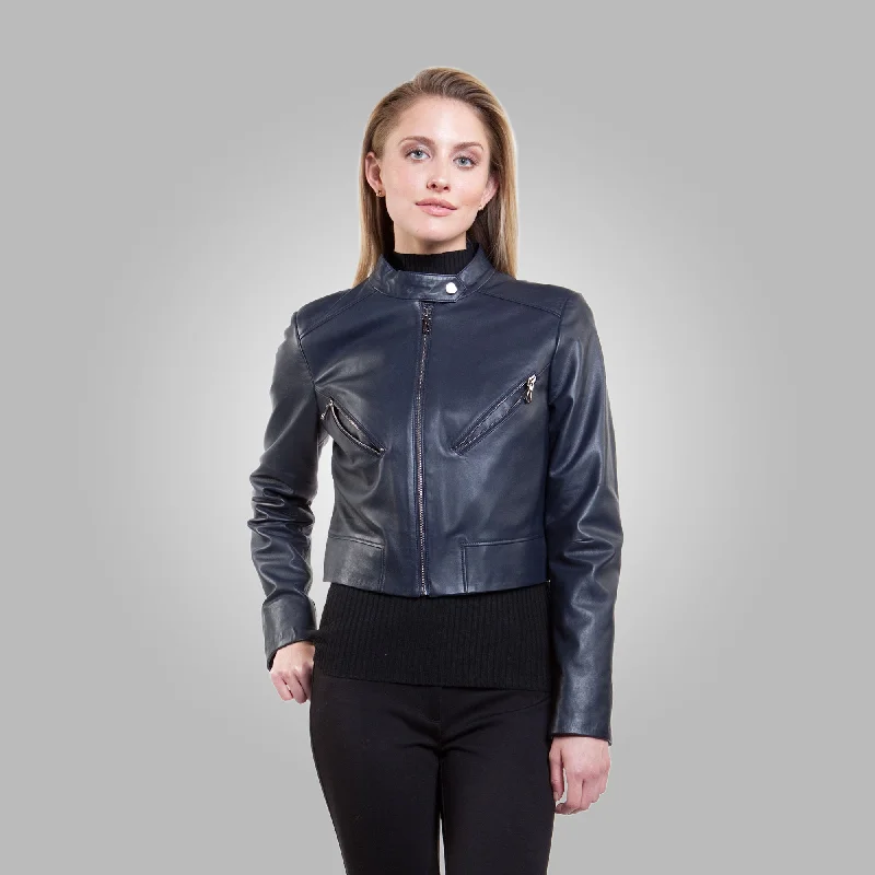 Women's Blue Leather Short Fit Jacket