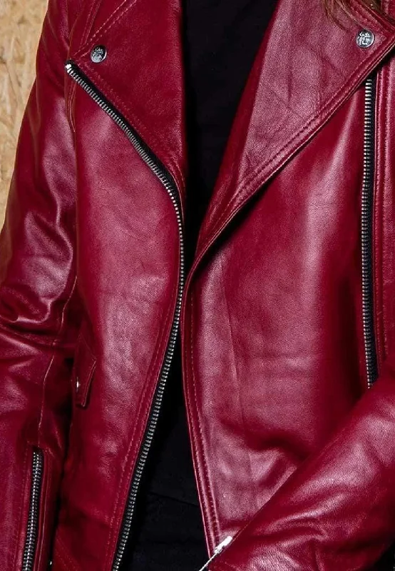 Women's Dark Red Leather Biker Jacket