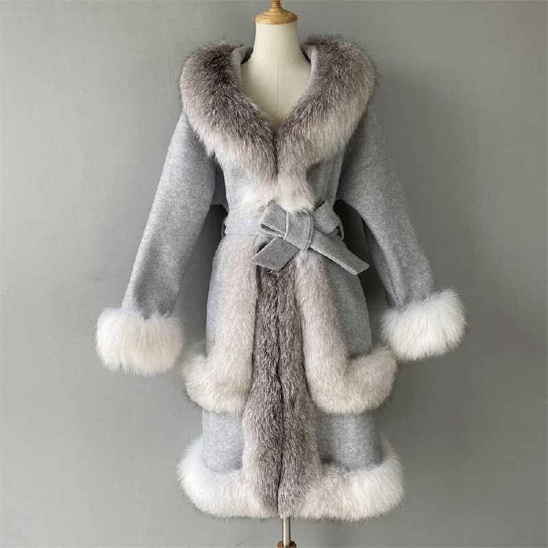 Cashmere Coats Real Fur Trim Long Trench Coats