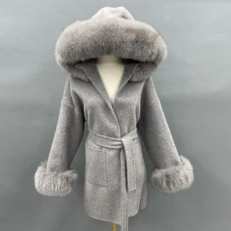 Cashmere Wool Real Fur Collar Cuff Hooded Pea Coats