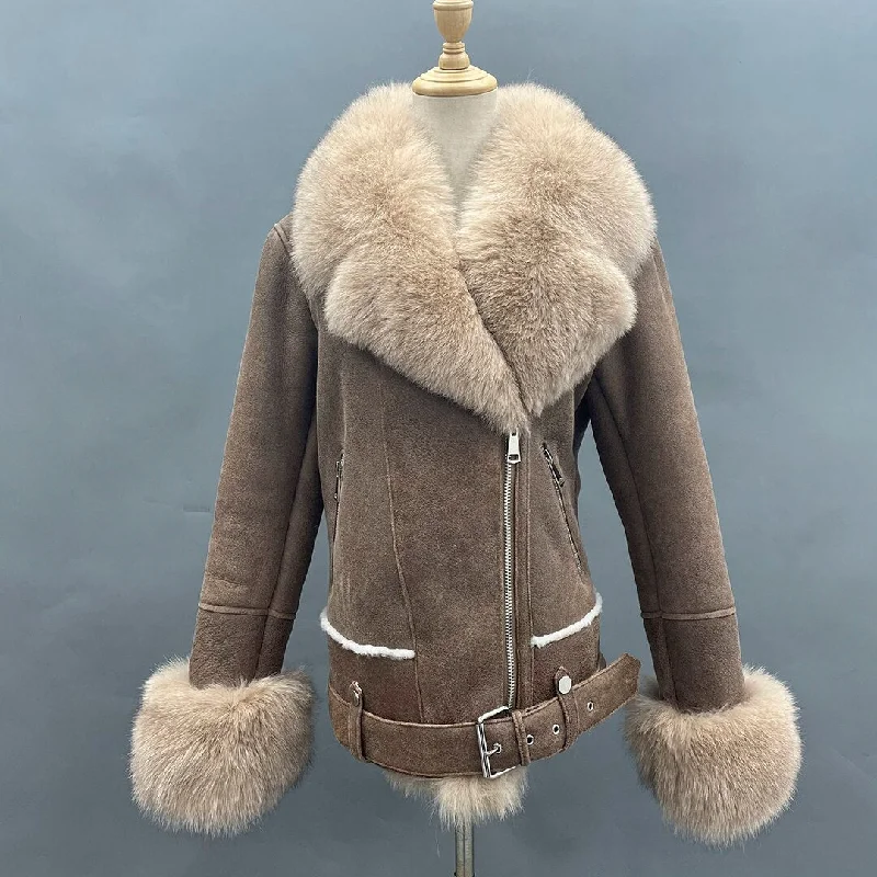 Genuine Leather Coat Big Fur Collar & Cuffs