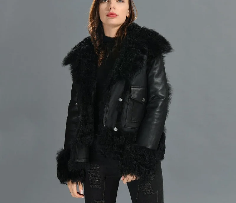 Genuine Leather Coat Curly Shearling Fur