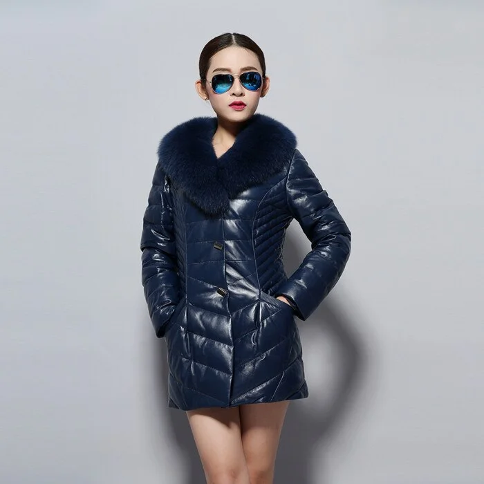 Genuine Leather Coat Fur Collar Goose Down