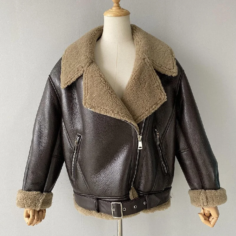 Genuine Leather Coat Shearling Fur Short Retro