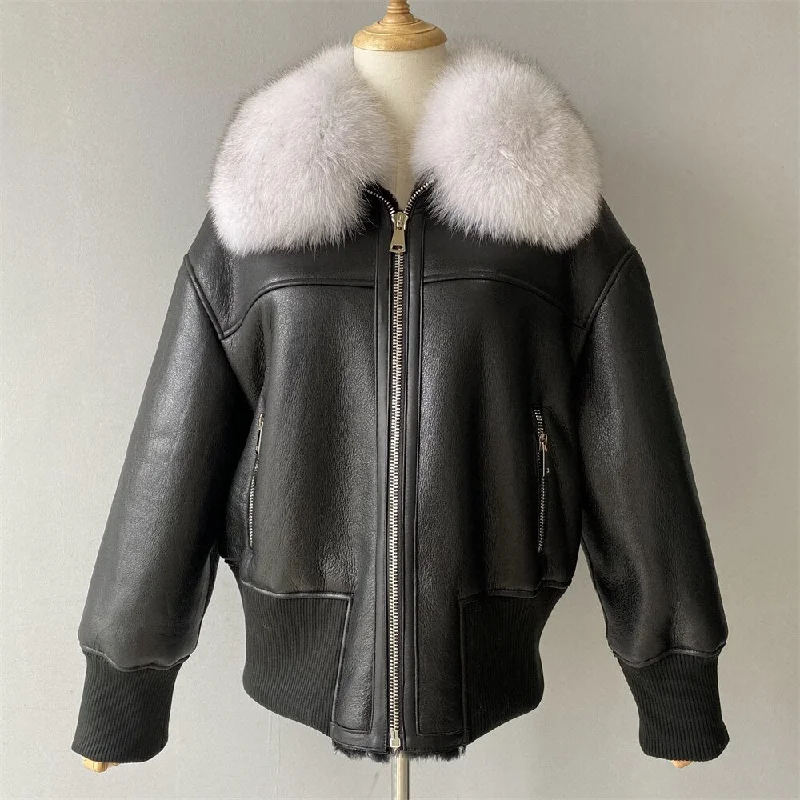 Genuine Leather Coat Shearling Liner Fur Collar Bombers