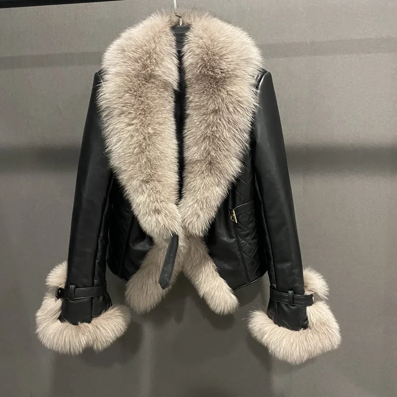 Genuine Leather Jacket Fur Collar & Cuffs