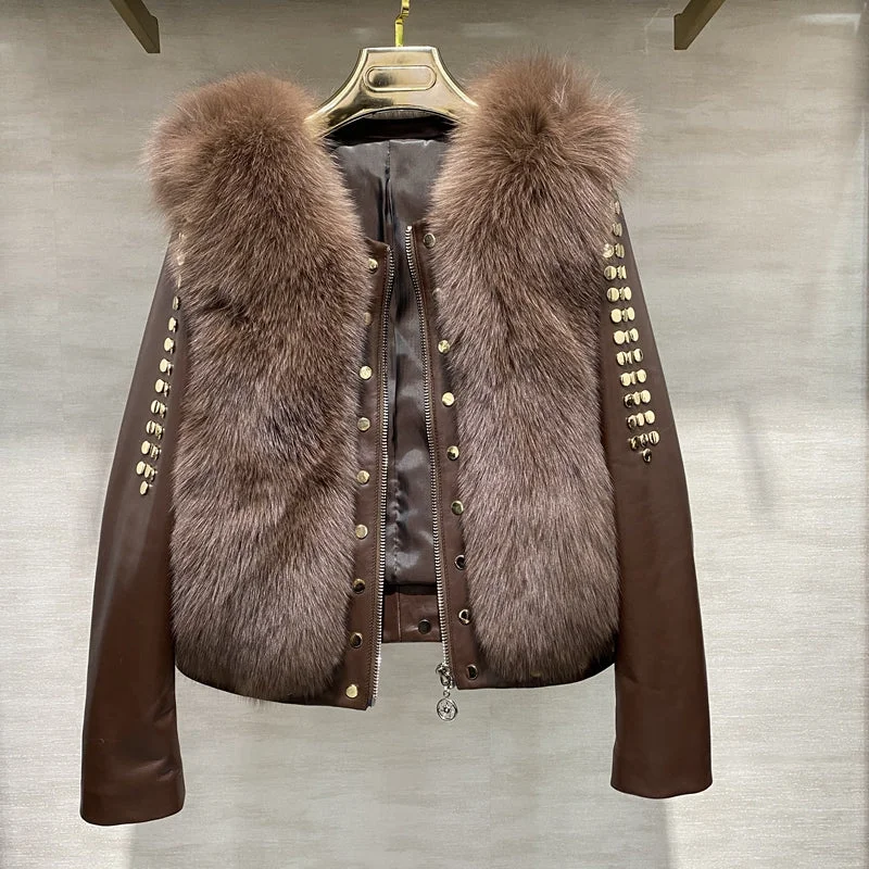 Genuine Leather Jacket Studded Arms Fur Chest