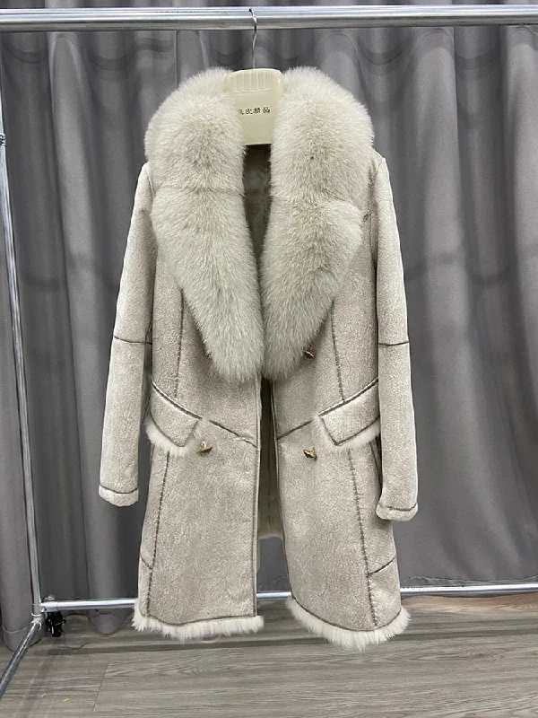 Genuine Leather Long Coats Big Fur Collar & Liner