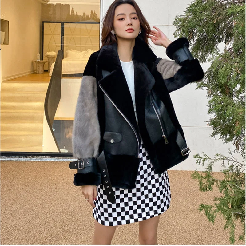 Genuine Leather Shearling Mink Sleeve Jacket