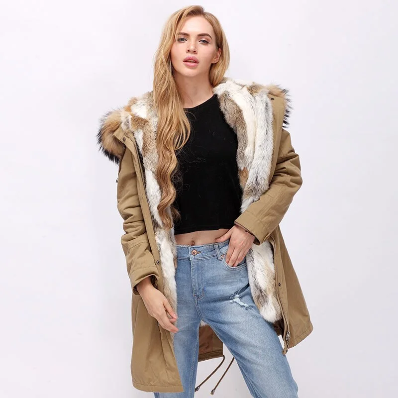 Genuine Rabbit Fur Lining Long Parka Coats