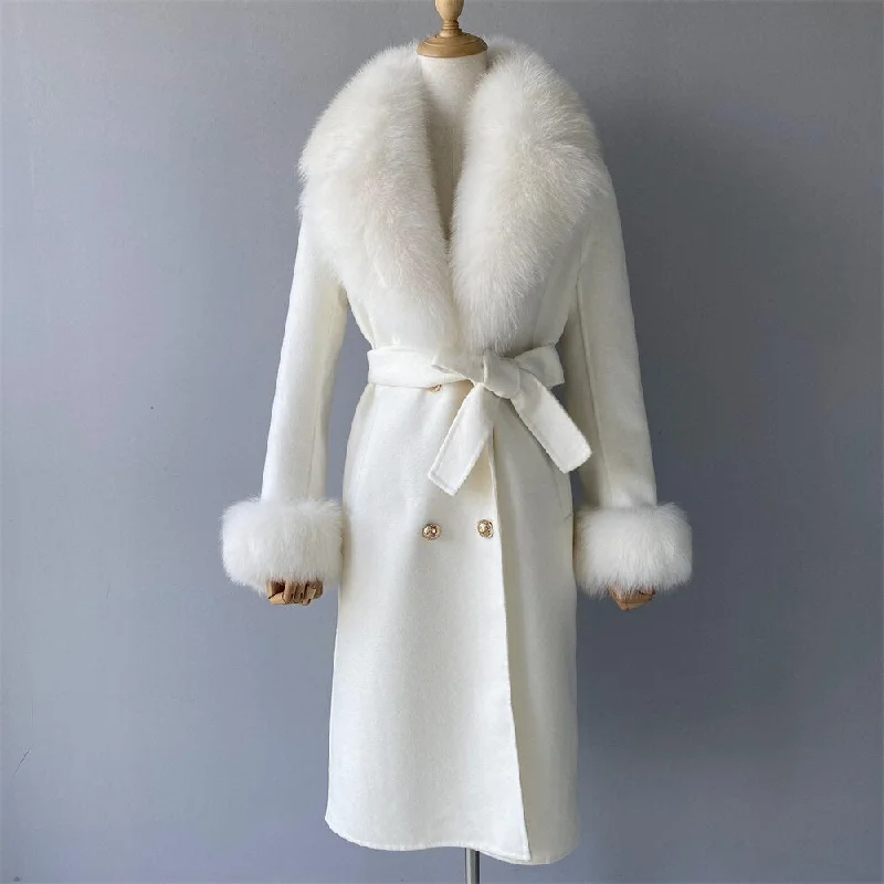 Cashmere Real Fur Collar & Cuffs Long Trench Coats