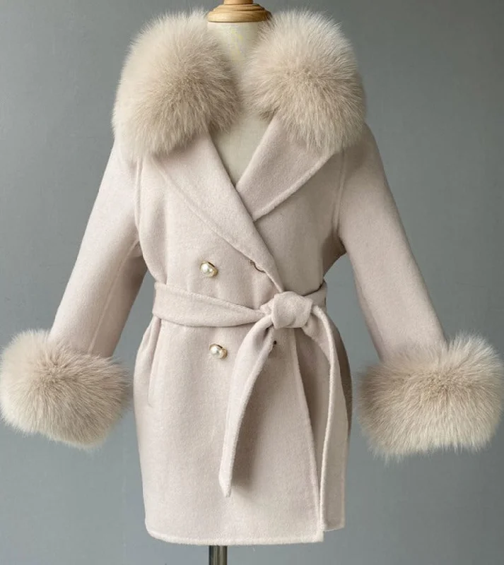 Mother & Daughter Cashmere Wool Pea Coats Fur Collar & Cuffs