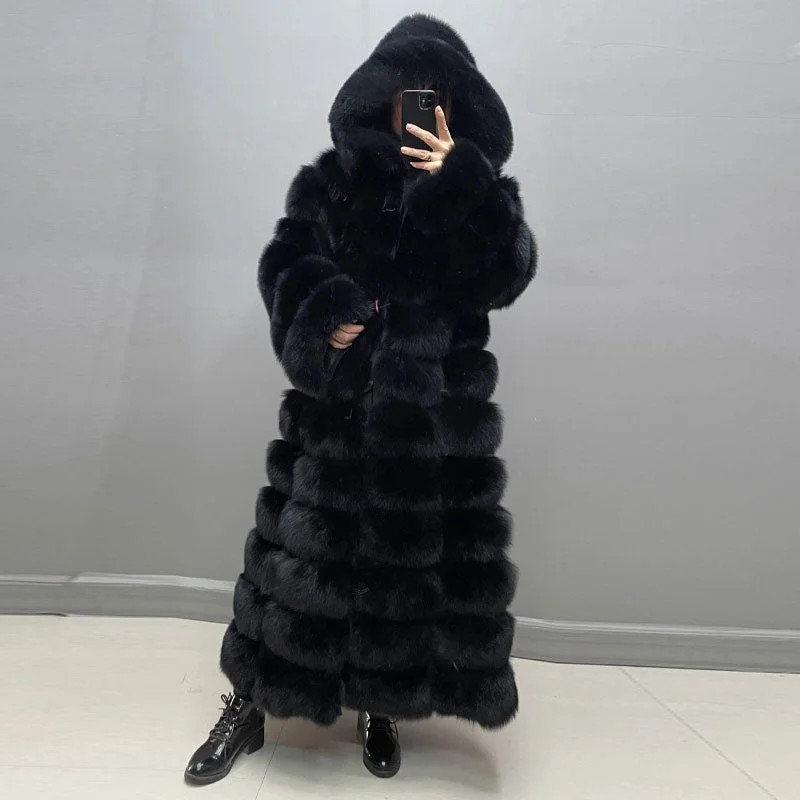 Pattern Hooded X-long Real Fox Fur Coats