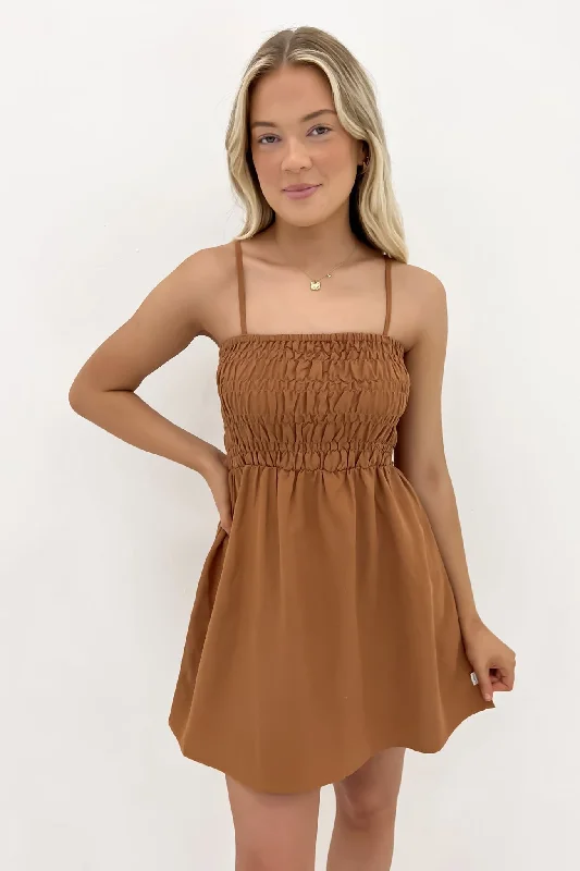 Classic Shirred Mini Dress Caramel