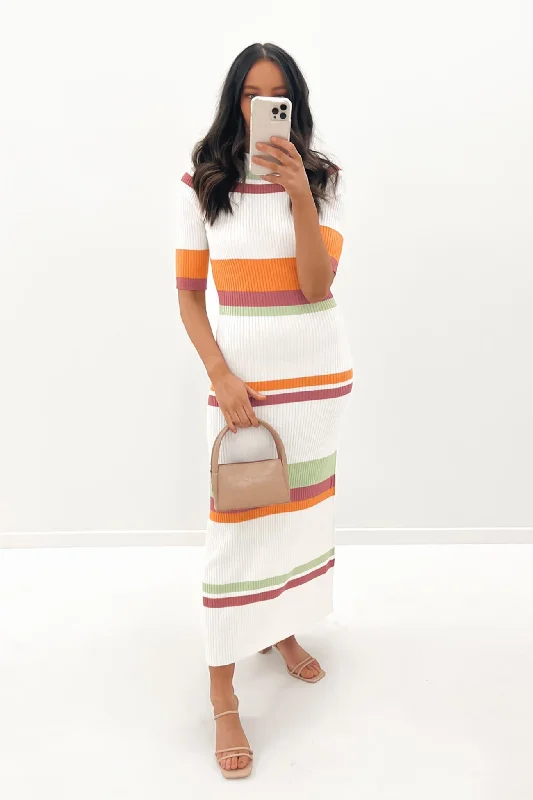 Freya Ribbed Stripe Midi Dress White Orange Sage Rose