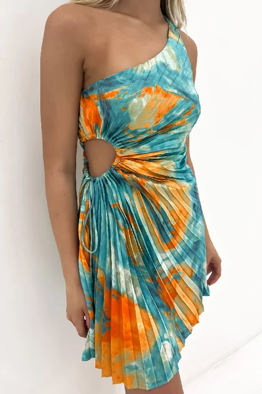 Kym Mini Dress Orange Teal Watercolour