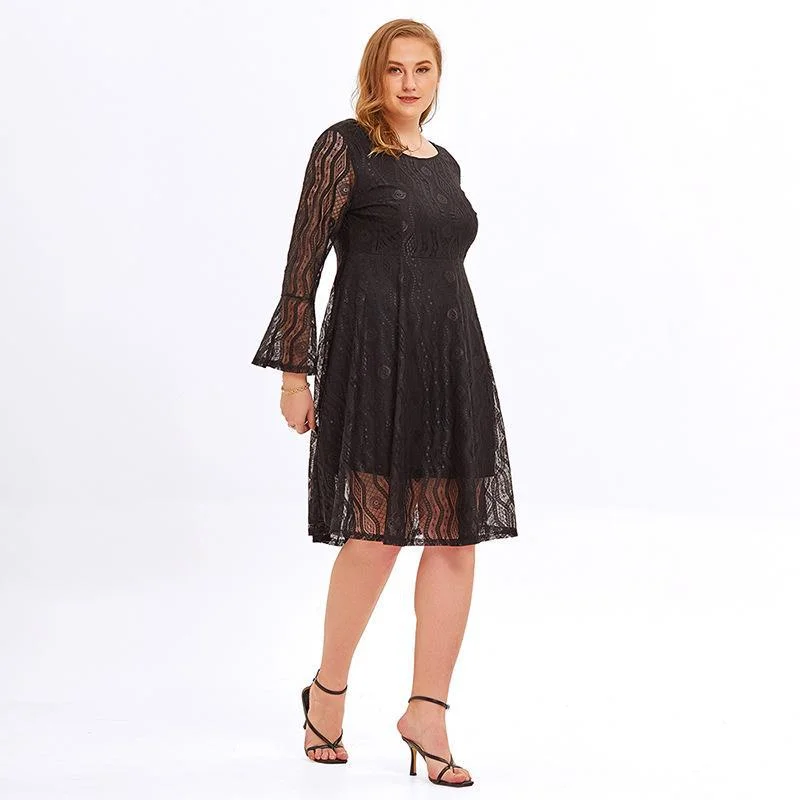 NiDELL Foreign Trade European and American plus Size Women's Clothes Amazon Full-Figured Girl Long Sleeve 100.00kg Slimming Lace Dress Fx.060