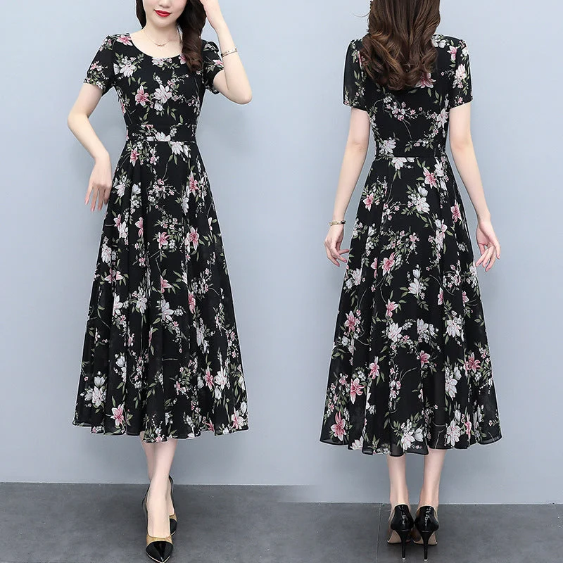 NiDELL Large Size Women's Dress . Summer New Black Chiffon Floral Plump Girls Tight Waist Slimming Long Dress in Stock