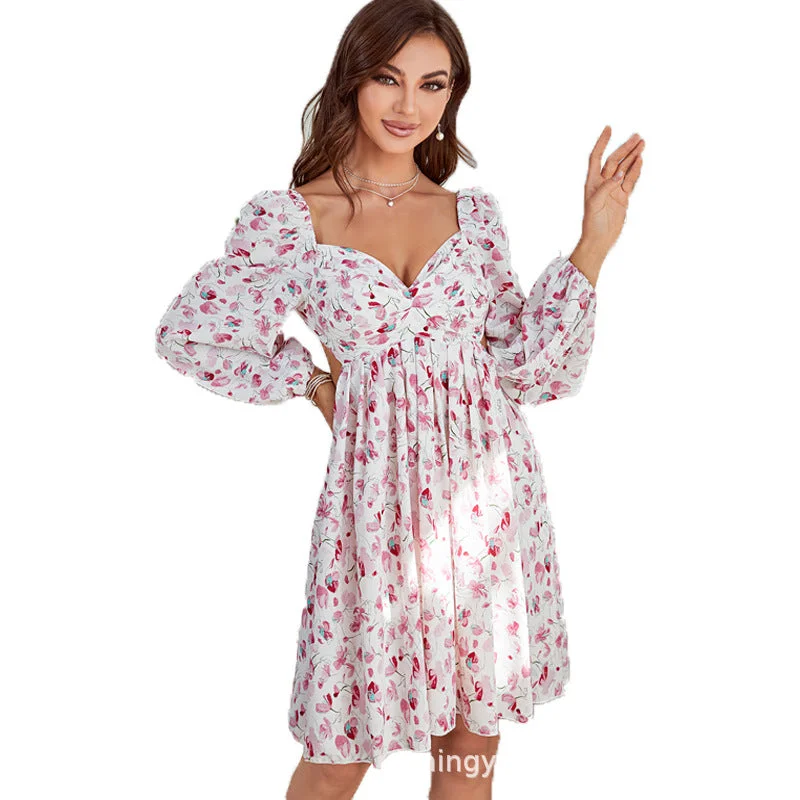 NiDELL LQ-220369 New . Autumn European Station New Floral V-neck Waist-Controlled Slimming Printed Dress