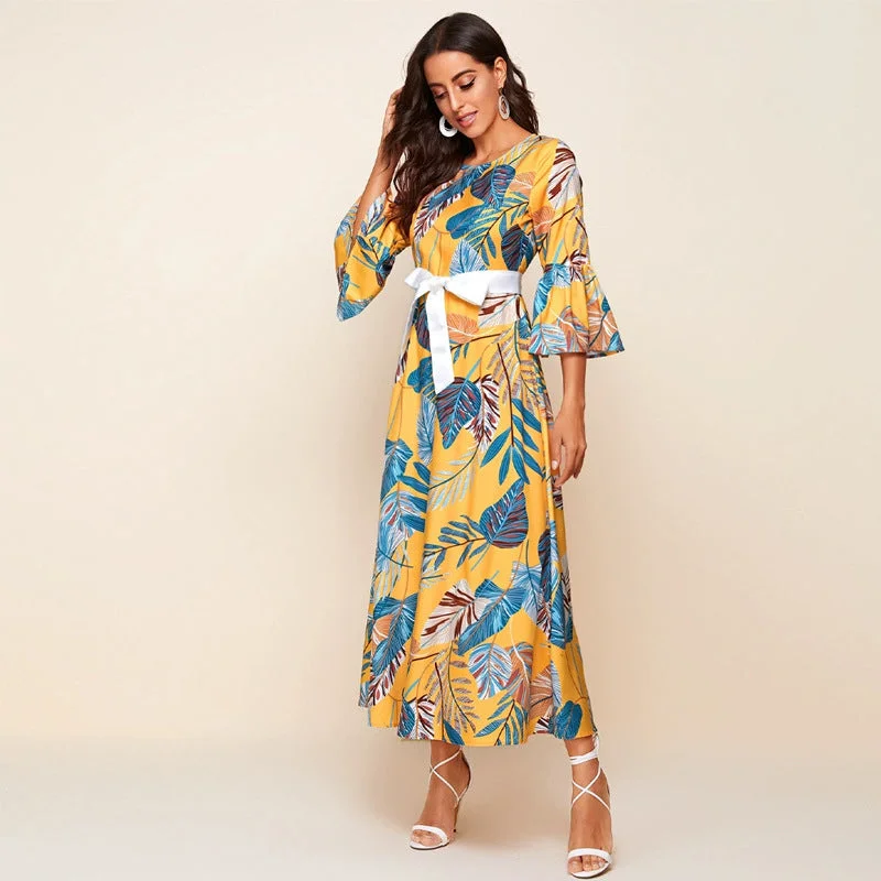 NiDELL MXZ-103 European and American Women's Clothing . Spring and Summer Bohemian Printed round Neck Flared Sleeve Dress in Stock