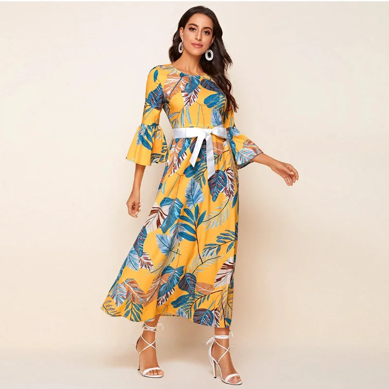 NiDELL MXZ-103 European and American Women's Clothing . Spring and Summer Bohemian Printed round Neck Flared Sleeve Dress in Stock