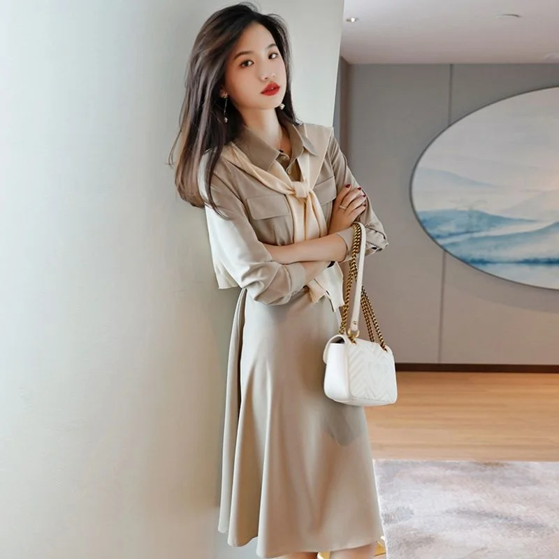 NiDELL Spring Women's Clothes . New Elegant Chic High-Grade Long-Sleeved Shirt Dress Adult Lady like Woman Lightly Mature Skirt