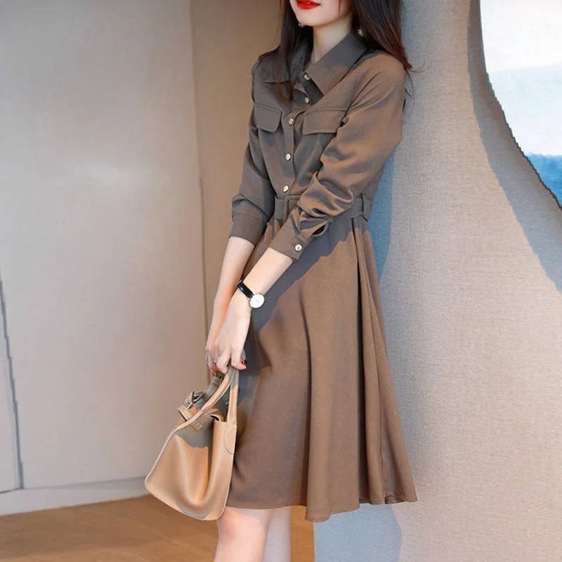 NiDELL Spring Women's Clothes . New Elegant Chic High-Grade Long-Sleeved Shirt Dress Adult Lady like Woman Lightly Mature Skirt