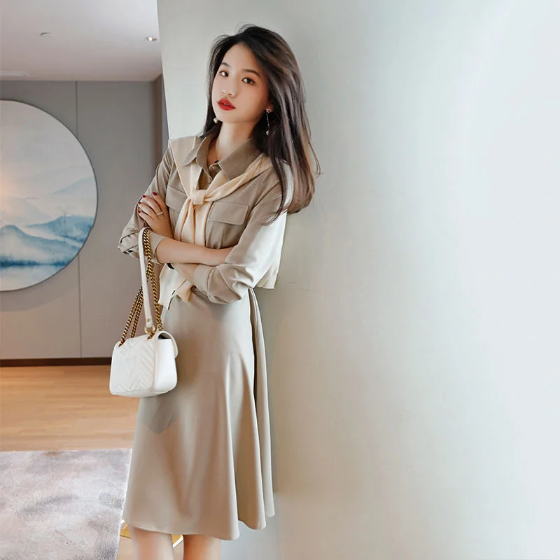 NiDELL Spring Women's Clothes . New Elegant Chic High-Grade Long-Sleeved Shirt Dress Adult Lady like Woman Lightly Mature Skirt