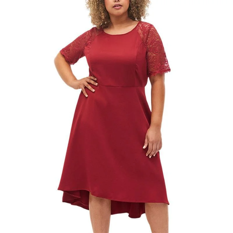 NiDELL . Summer European and American plus Size Women's Clothes Cross-Border Casual Dress Fat Sister High Waist round Neck Lace Dress 230325