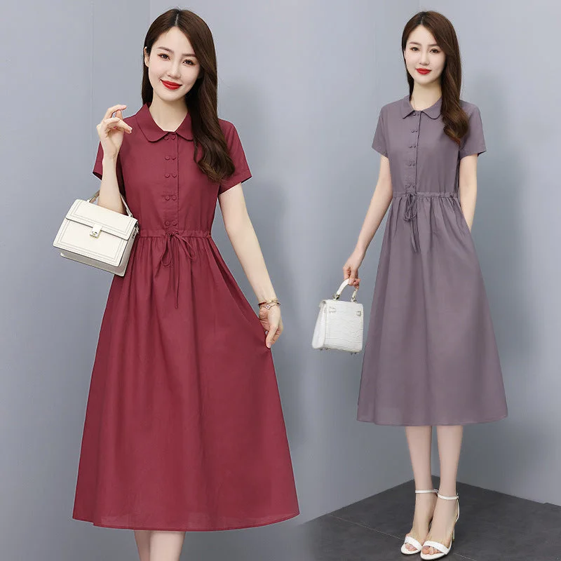 NiDELL Women's Cotton and Linen Dress Mid-Length . Summer New Korean Style Slim Fit Slimming Temperament Youthful-Looking Linen Dress