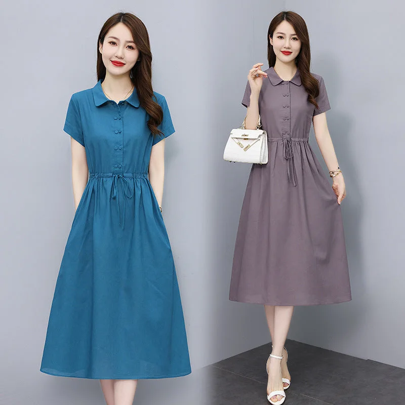 NiDELL Women's Cotton and Linen Dress Mid-Length . Summer New Korean Style Slim Fit Slimming Temperament Youthful-Looking Linen Dress