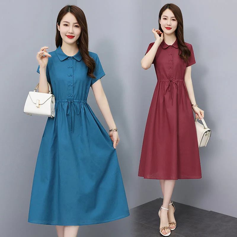 NiDELL Women's Cotton and Linen Dress Mid-Length . Summer New Korean Style Slim Fit Slimming Temperament Youthful-Looking Linen Dress