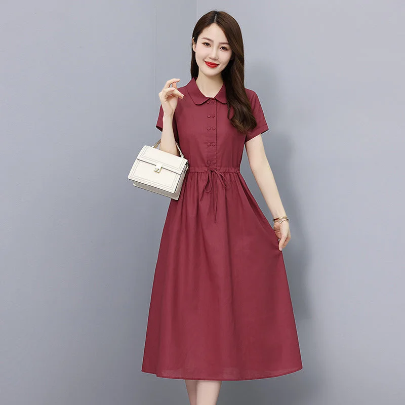 NiDELL Women's Cotton and Linen Dress Mid-Length . Summer New Korean Style Slim Fit Slimming Temperament Youthful-Looking Linen Dress