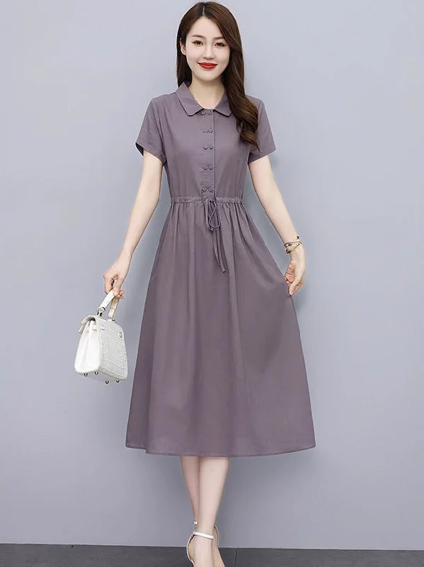 NiDELL Women's Cotton and Linen Dress Mid-Length . Summer New Korean Style Slim Fit Slimming Temperament Youthful-Looking Linen Dress